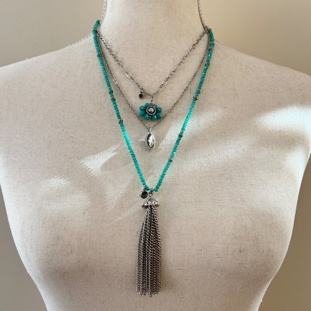 Simply Vera Boho Layered Faux Turquoise Bead Silver Tone Chains Necklaces Tassel